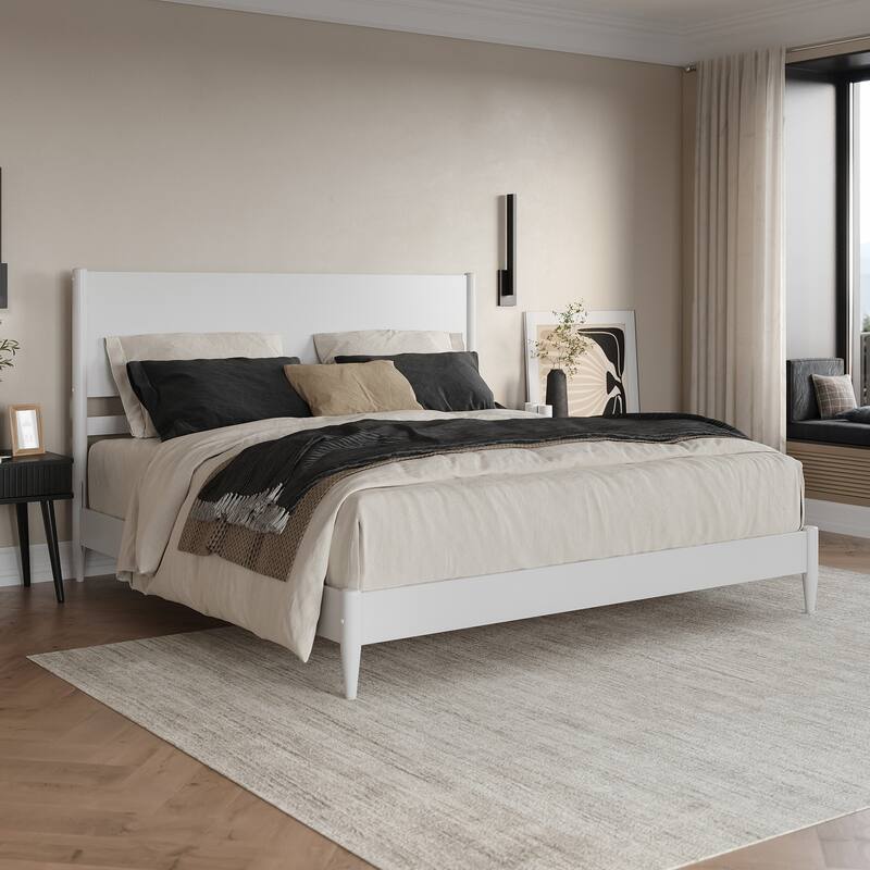 King Size Solid Wood Platform Bed - Low Profile Modern Bed Frame in White Finish