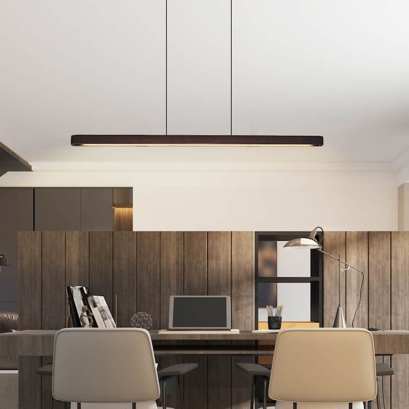 51-inch Walnut Wood Modern LED Pendant Light, Adjustable Hanging Light for Dining Room, Kitchen, Living Room