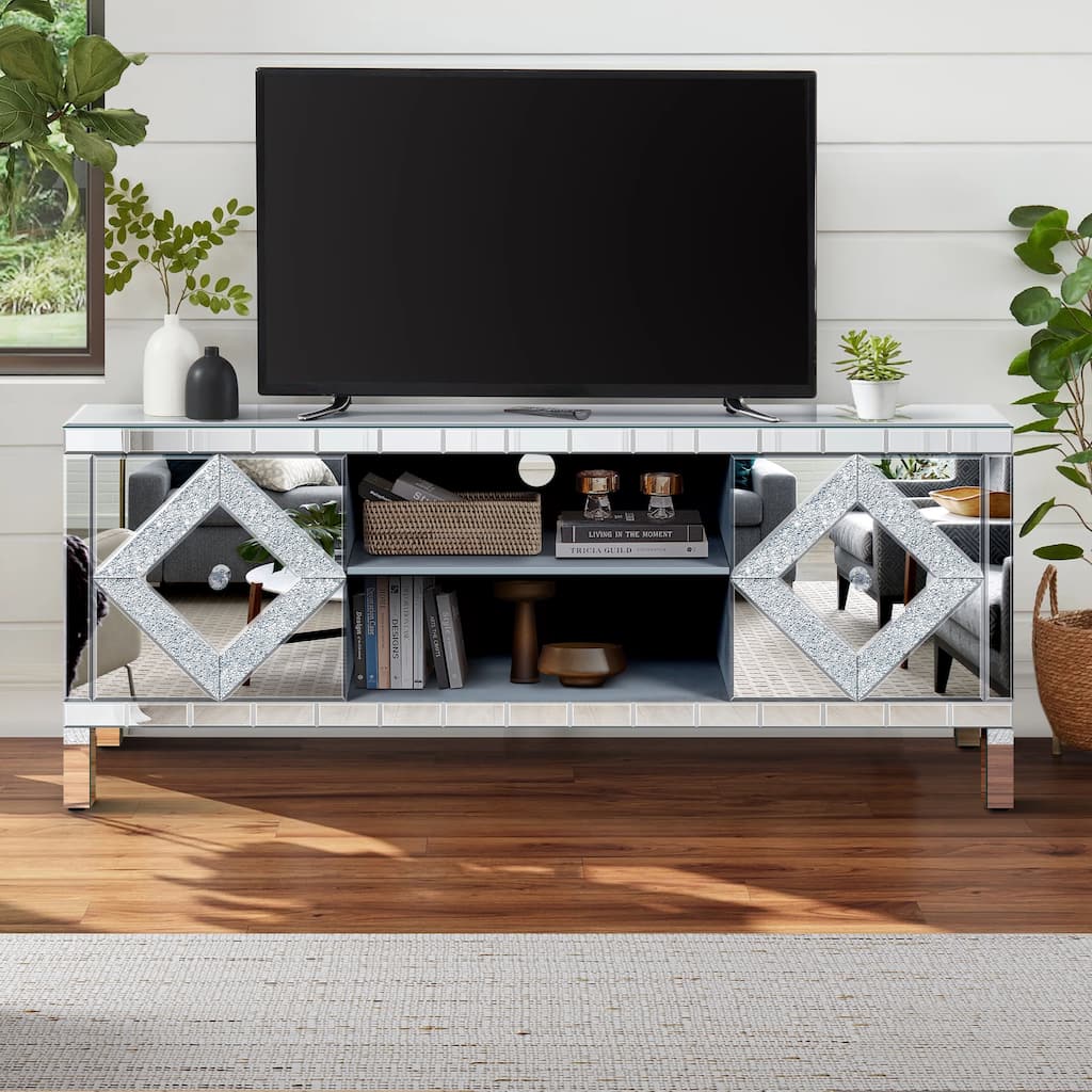 Roomfitters 59" Mirrored TV Stand for TVs up to 65", Silver Media Console with Diamond Sparkle Doors & Open Storage