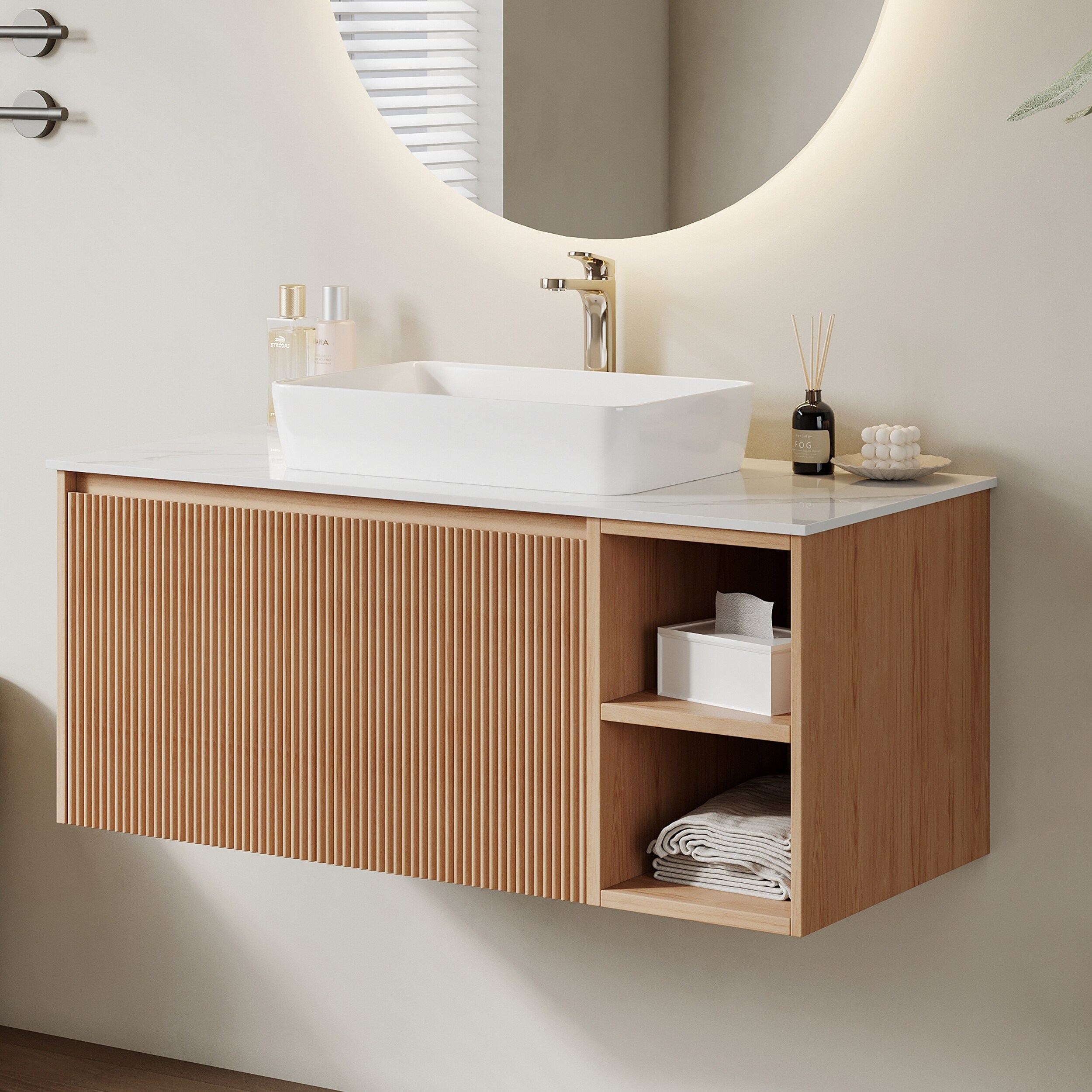 35.83'' Single Bathroom Vanity with Glossy Sintered Stone Top, Light Wood &  Dark Wood