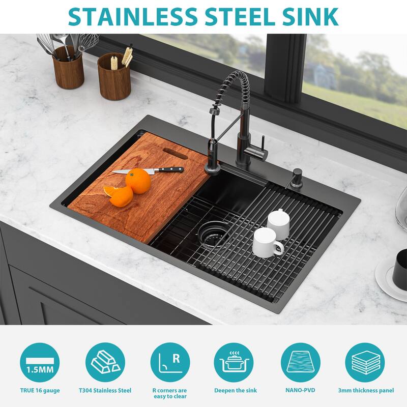 33" Drop-in Workstation Gunmetal Black Kitchen Sink with Pull-out Faucet and Soap Dispenser - Single Bowl 16 Gauge