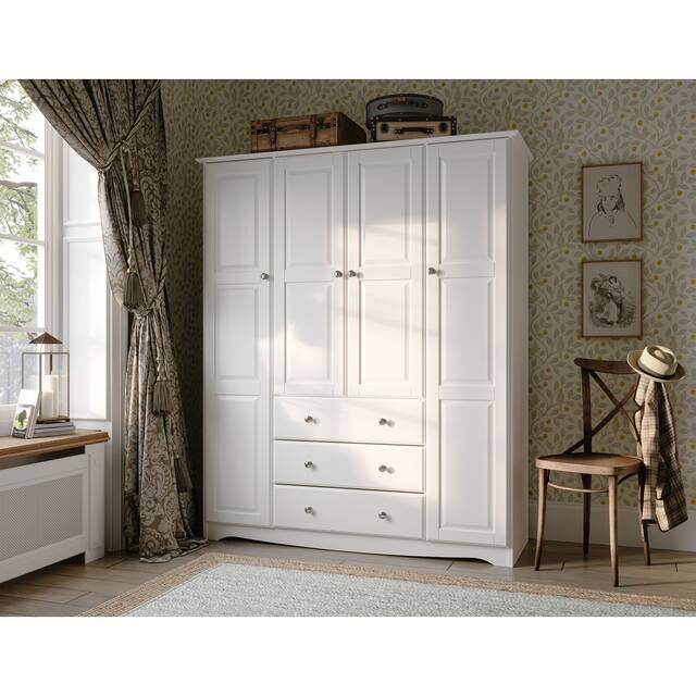 100% Solid Wood Family Wardrobe, No Shelves Included - White-Metal Knobs