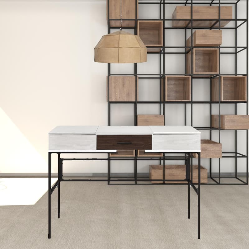 Wood Writing Desk with USB Port, Drawer and Black Metal Base