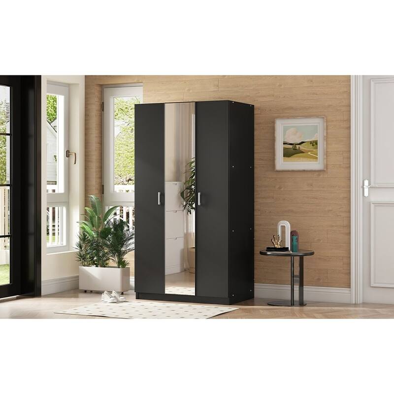 Modern 3 Door Wardrobe with Mirror, 3 Drawers, Hanging Rod - N/A
