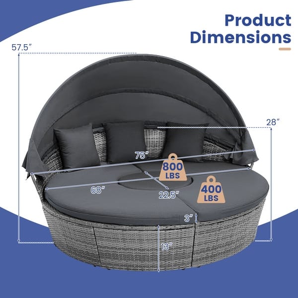 Gymax Patio Round Daybed w/Retractable Canopy Cushions & Throw Pillows