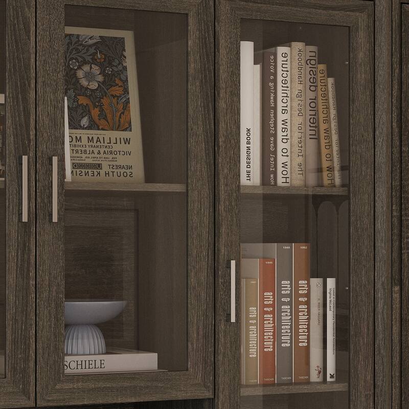 Modular Glass Door Bookcase Wall Unit with Storage Cabinets and Drawers, Dark Oak Display Hutch for Living Room or Home Office