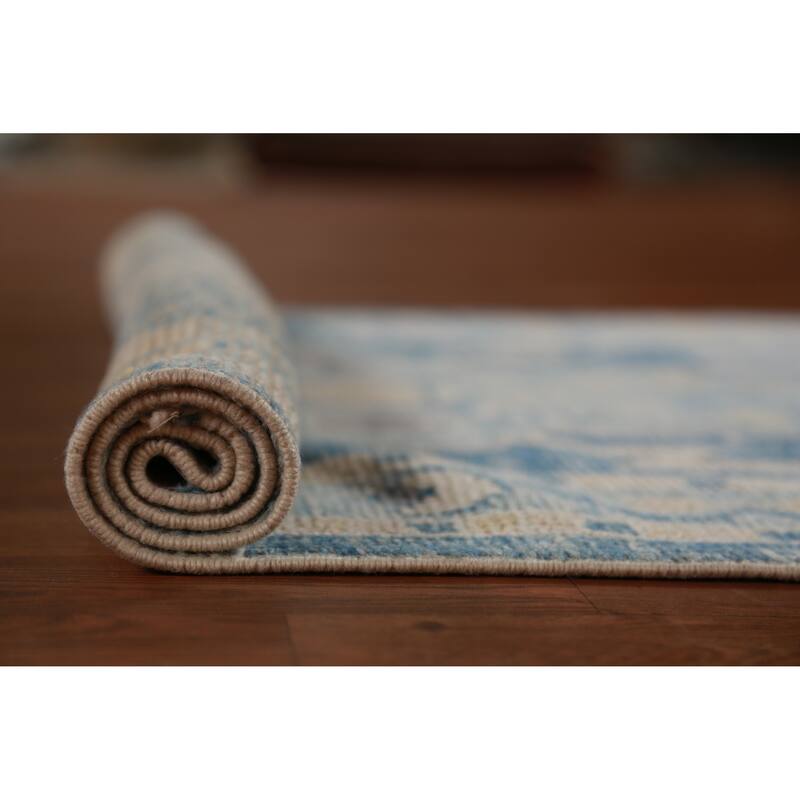 Hand Knotted Oriental 100% Wool Carpet Transitional Geometric Navy Blue & Blues Oushak Runner Rug - 14' 4'' X 2' 10''