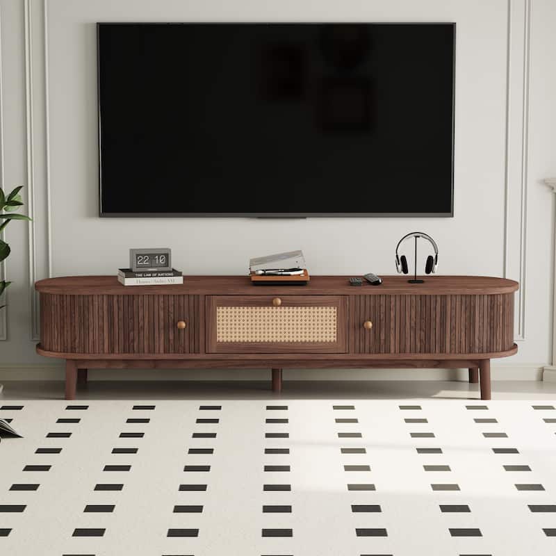 Anmytek 75 Inch Modern TV Stand Media Console Rattan Front Drawer 1 Drawer 2 Sliding Door Cabinets TV Cabinet