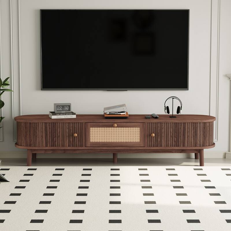 Sliding Door TV Cabinet Dark Brown TV Stand with Woven Rattan Drawer, Mid Century Modern Entertainment Center for 75" TVs