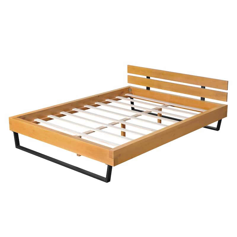 Rustic Pine Wood Platform Bed with Headboard, Wooden and Metal Queen/King Bed Frame, Wood Slats Support, No Box Spring Needed