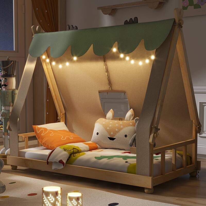 House Bed with Antler Accents Light Tent and Roof Wood Bed Frame - White - Twin