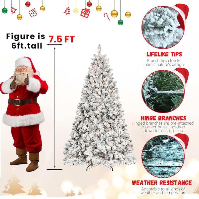 Pre-Lit Snow Flocked Tree - UL Lights, Pine Cones, Snowy PVC Tips, Hinged Structure - Green,White