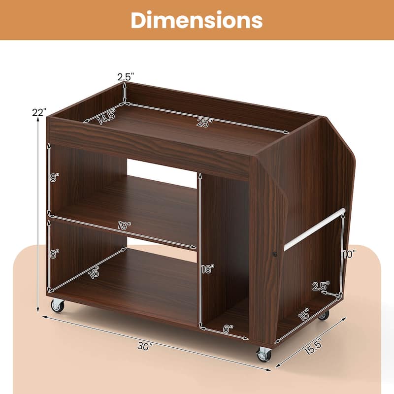 3-Tier Side Table Rolling End Table w/ Magazine Rack & Open Shelves