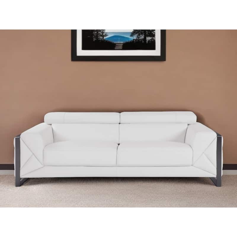 HomeRoots 89" White Italian Leather Sofa With Silver Legs - 35" H x 89" W x 43" D