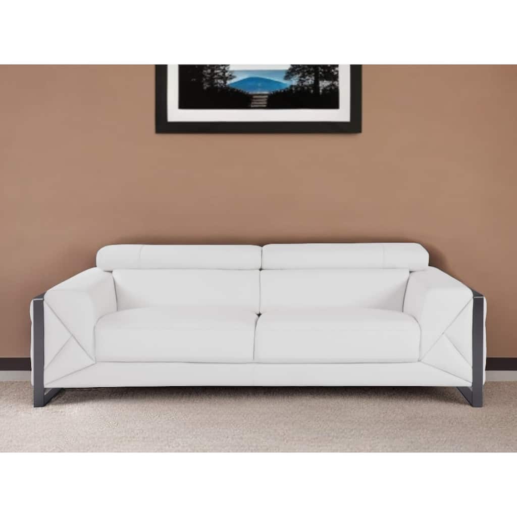 HomeRoots 89" White Italian Leather Sofa With Silver Legs - 35" H x 89" W x 43" D