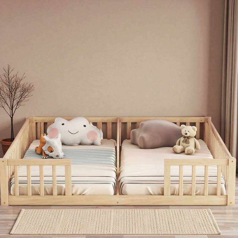 Double Twin Floor Bed with Fence and Guardrails, Solid Pine Wood Frame Montessori Bed for Kids