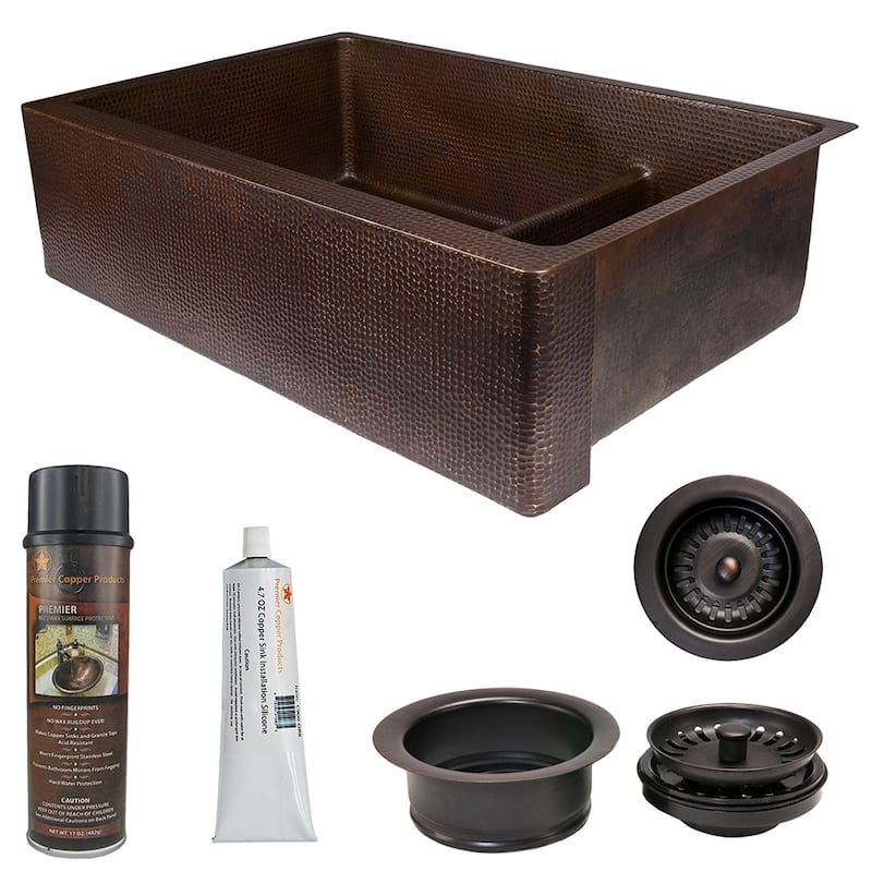 33" Hammered Copper Kitchen Apron 70/30 Double Basin Sink with Accessories (KSP3_KA70DB33229-SD5)