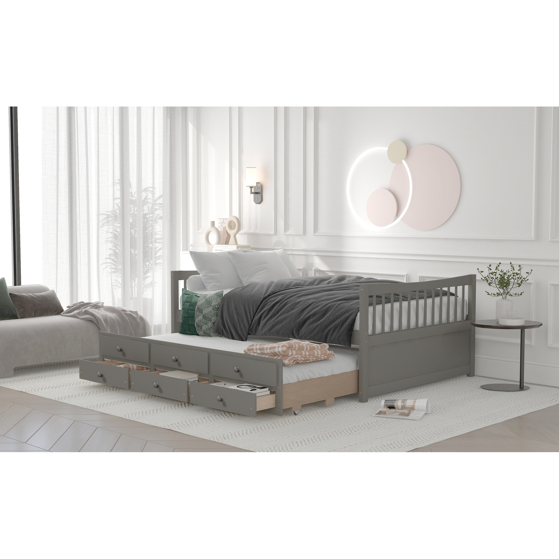 Full Size Daybed w Twin Size Trundle Storage Bed Drawers Bunk Bed Frame for Kids Girls Boys Easy Space Saving Assembly Gray
