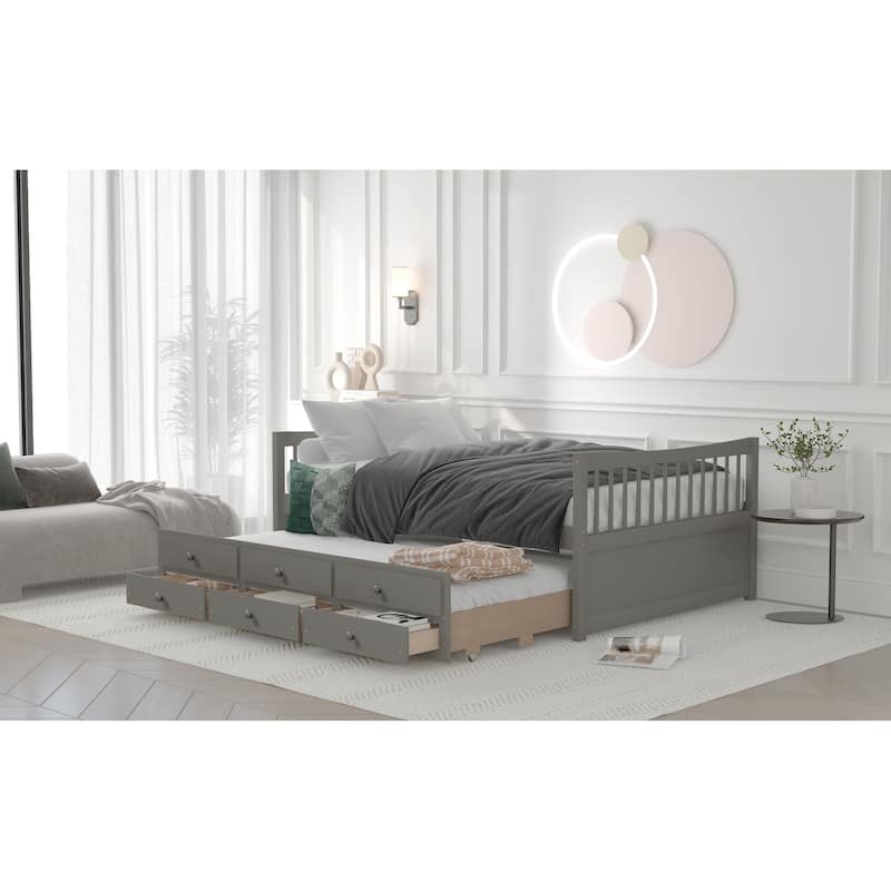 Wooden Twin/Full Daybed with Pull-Out Trundle and Storage Drawers