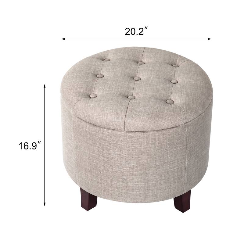Adeco Round Linen Storage Ottoman Tufted Fabric Footstool with Lid