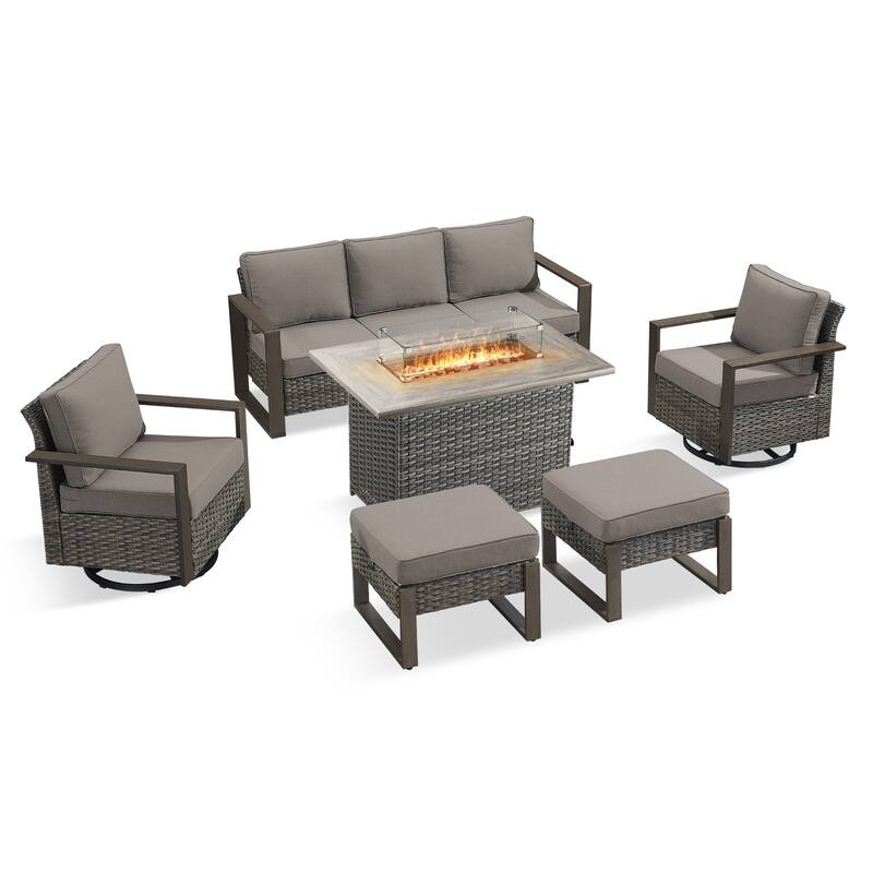 Pocassy 6 Pieces Outdoor Sofa Swivel Chair Ottoman with Fire Pit Table Set