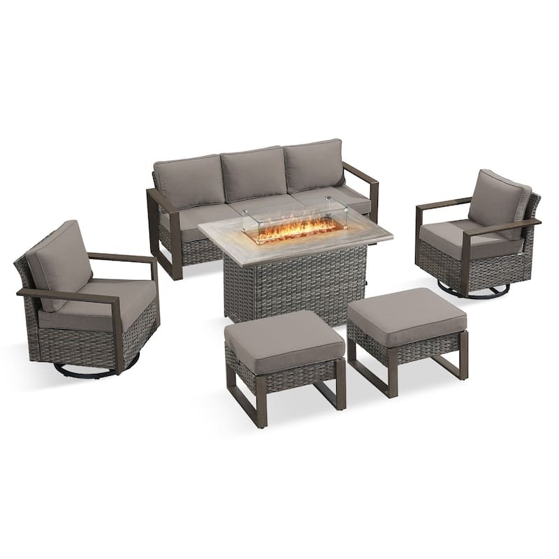 Pocassy Outdoor Wicker Sofa Swivel Chair with Fire Table Set