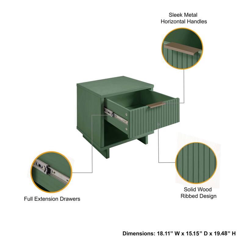 Sage Green Nightstand with Gold Handle & Ribbed Drawer - Modern Design