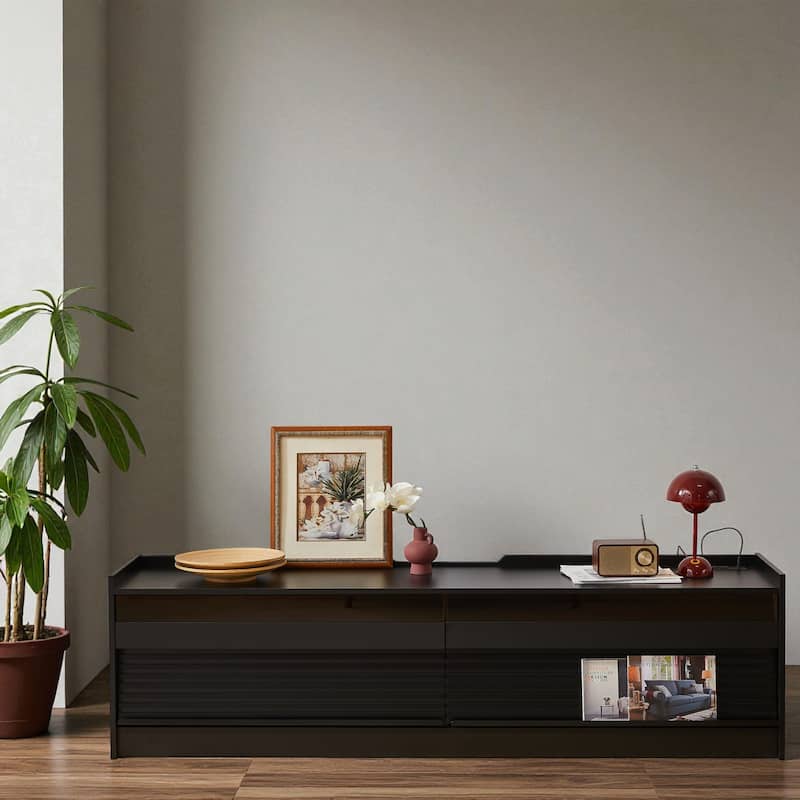 68.9" Modern TV Stand with 4 Glass-Front Drawers, Built-in USB/Type-C Charging Ports, LED Lighting, Media Storage - Black