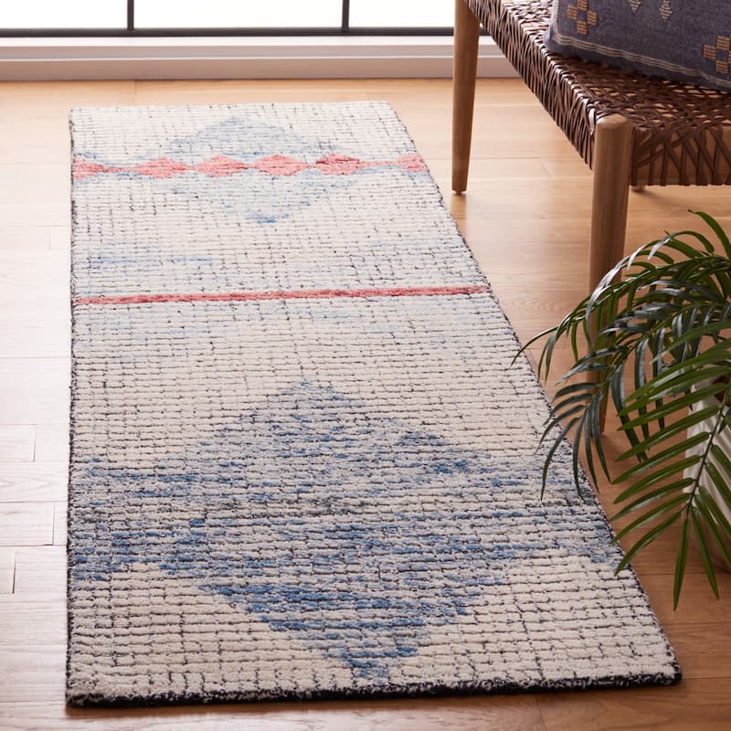SAFAVIEH Handmade Abstract Heli Tribal Boho Wool Rug - 2'3" x 8' Runner - Ivory/Blue