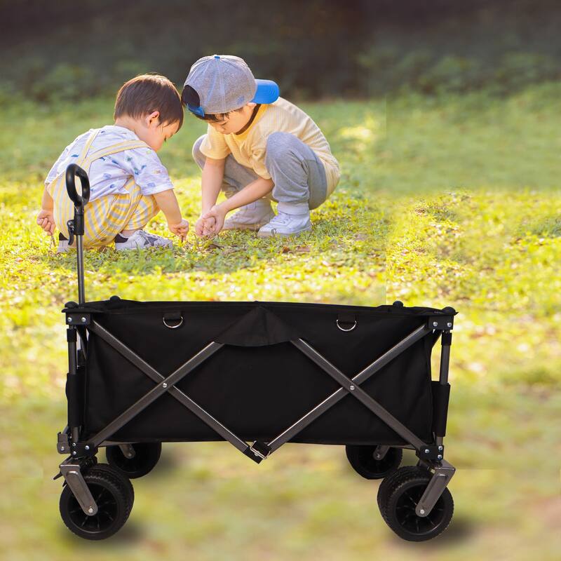 Heavy Duty Utility Folding Wagon Cart with Big Wheels, Adjustable Handle&Drink Holders
