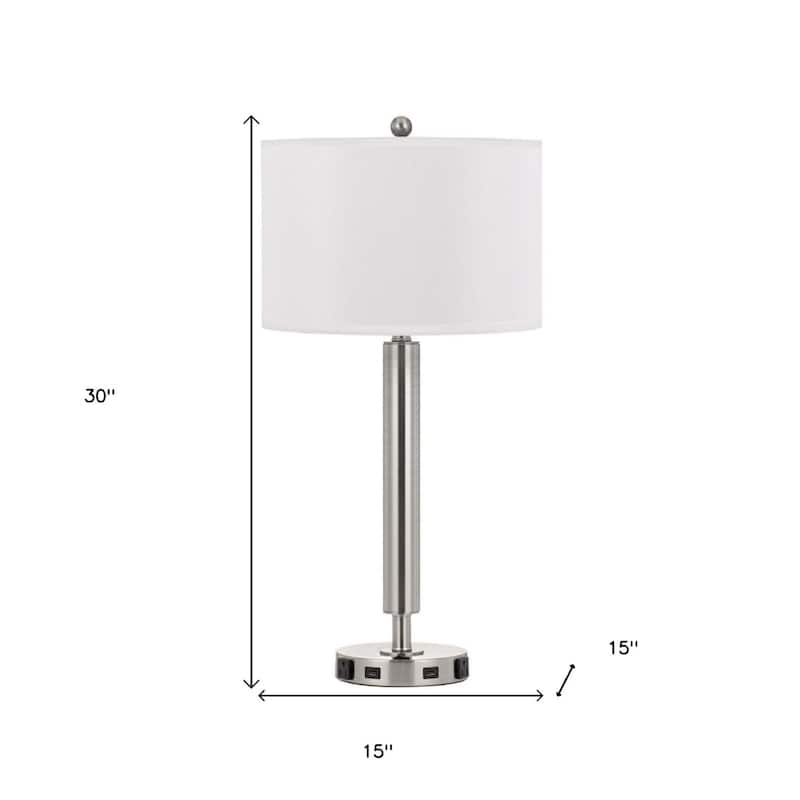 30" USB Table Lamp Nickel Metal Cylinder with White Fabric Shade - 15” x 15” x 30”