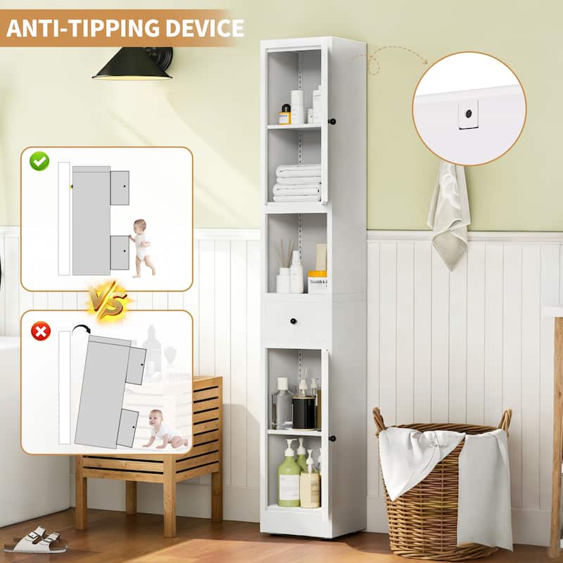 71 Inch Tall Bathroom Storage Cabinet, 5-Tier Narrow Metal Cabinet with 2 Doors & Adjustable Shelves, Freestanding Cabinet