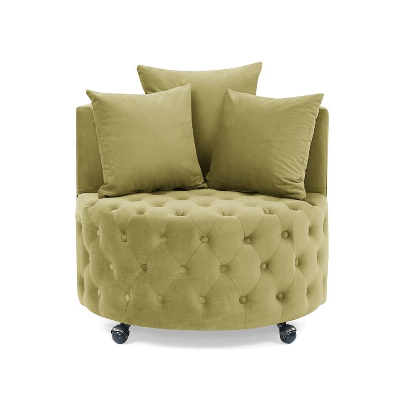 Velvet Upholstered Swivel Chair with Button Tufted Design and Movable Wheels