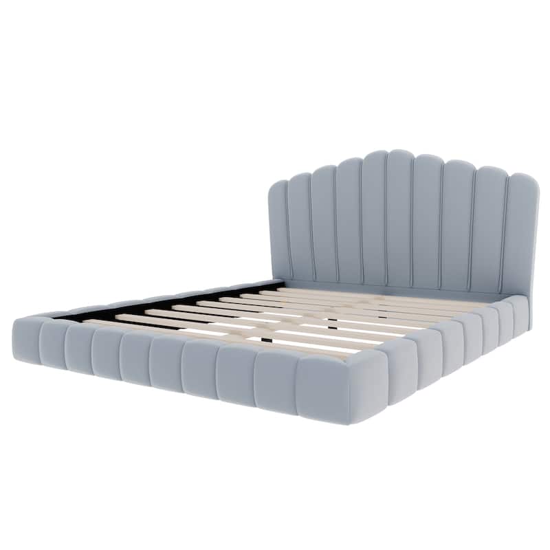 Velvet Upholstered Queen Bed Frame Floor Bed Shell-Shaped Headboard Wingback Frame Bed, No Box Spring Needed