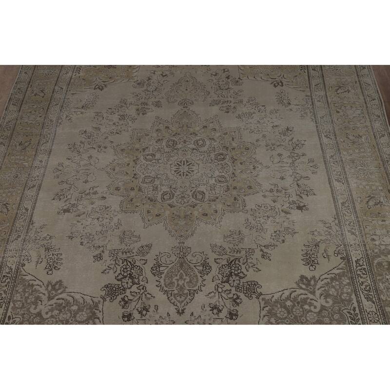 Tabriz Persian Vintage Area Rug Hand-Knotted Beige Wool Carpet - 9'6" x 13'4"