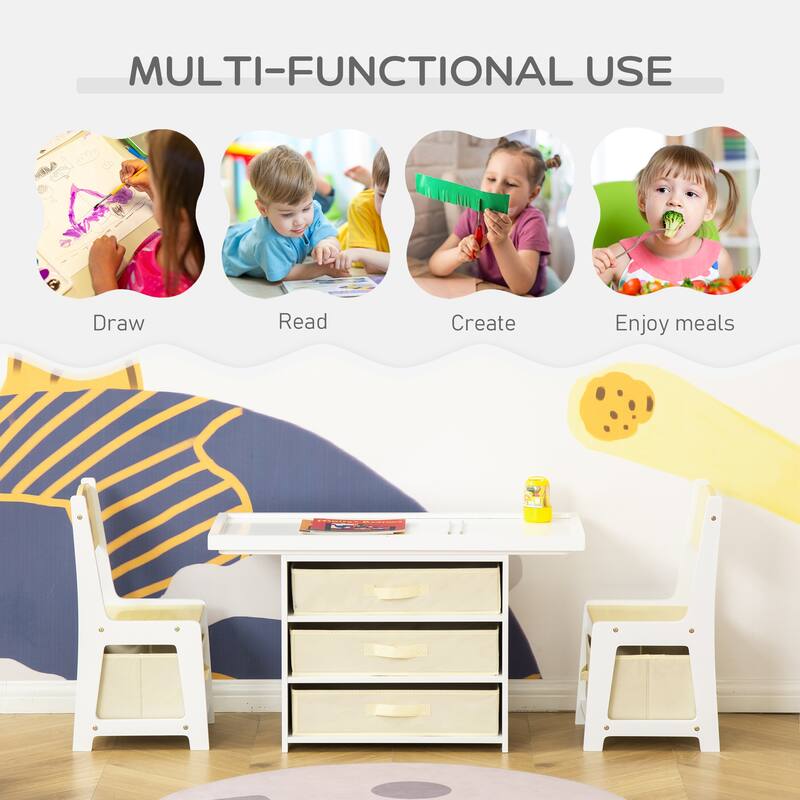 Kids Table and Chair Set with Triple Activity Top Whiteboard Road Map and Building Block Surface for Ages 2 to 5