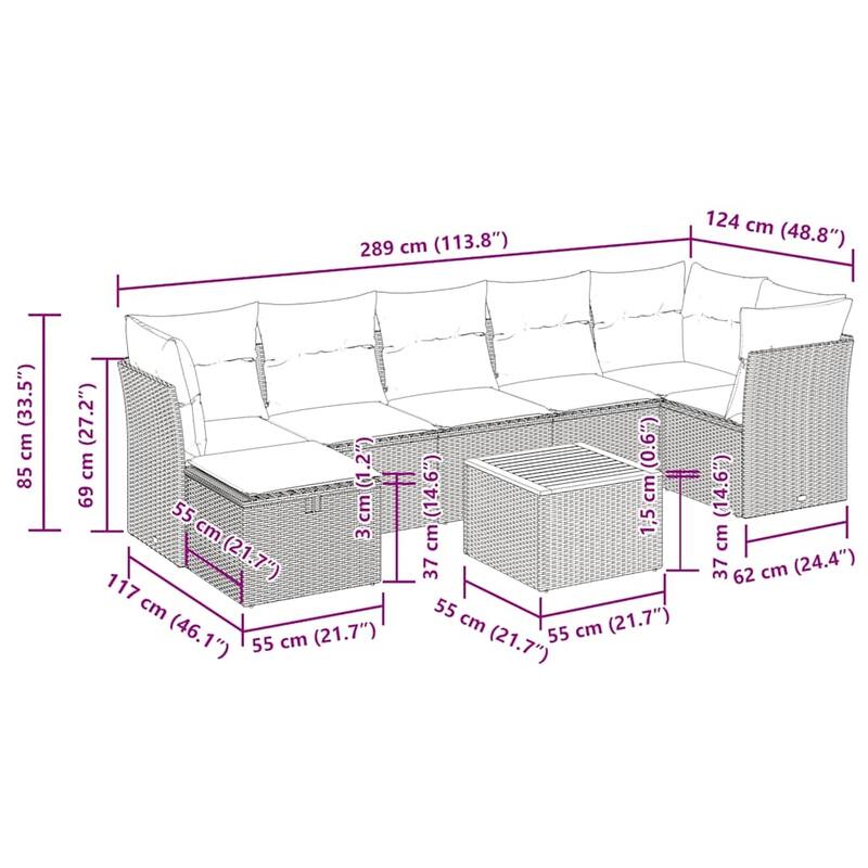 vidaXL Patio Sofa Set with Cushions Outdoor Furniture 8 Piece Poly Rattan - 21.7 x 24.4 x 27.2
