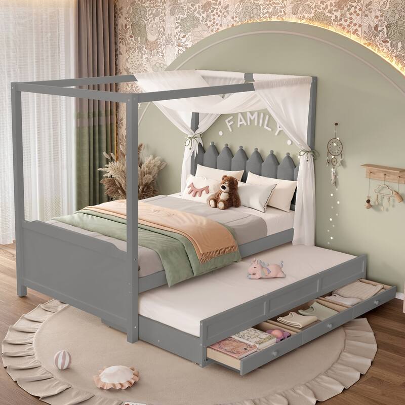 Roomfitters Canopy Bed with Trundle and Drawers, Upholstered Crown Headboard, Solid Wood Frame