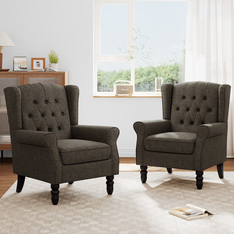 Modern Button Tufted Armchair Wingback Accent Chairs Set of 2 - Taupe-Chenille