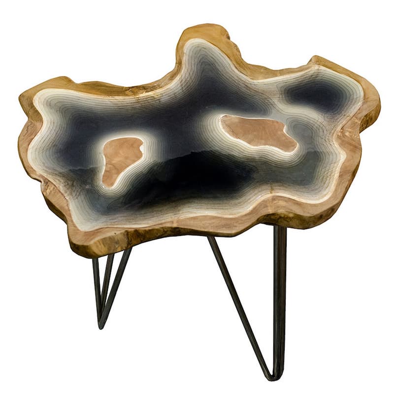 20 Inch Side Accent Table, Natural Edges, Hairpin Legs, Gray Resin, Brown
