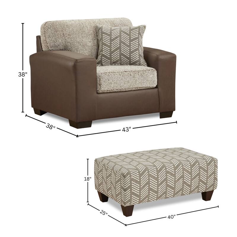 Roundhill Furniture Marvella 2-Piece Living Room Set, Chair and Ottoman, Chocolate Faux Leather and Curly Shearling Upholstery