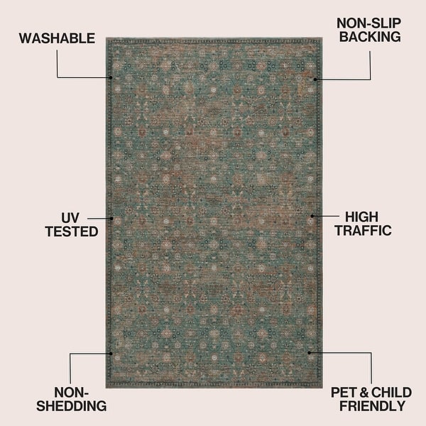 dimension image slide 10 of 13, Petunia Distressed All-Over Floral Border Non-Slip Machine-Washable Rug