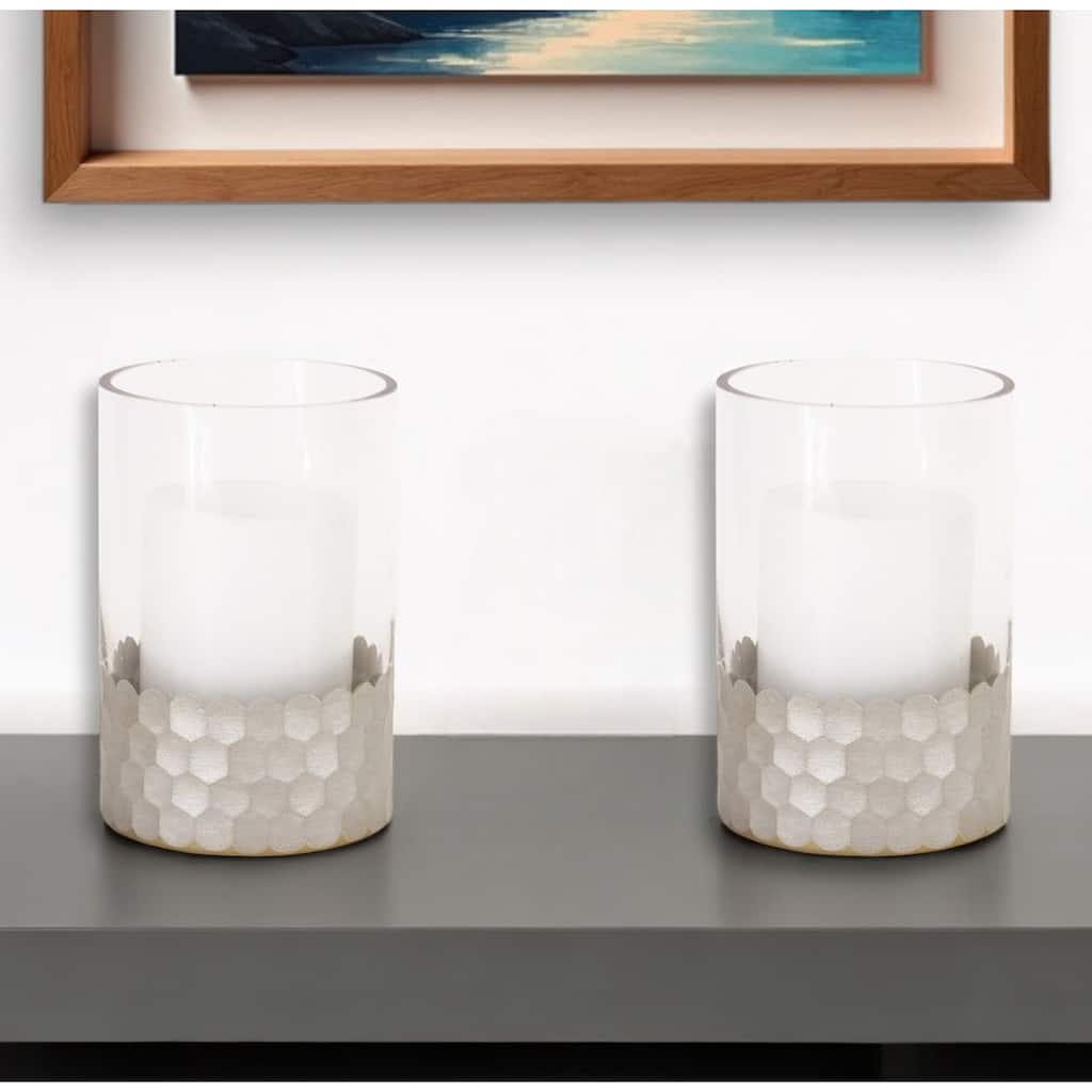 Set of Two Clear and Silver Glass Geometric Tabletop Pillar Candle Holders