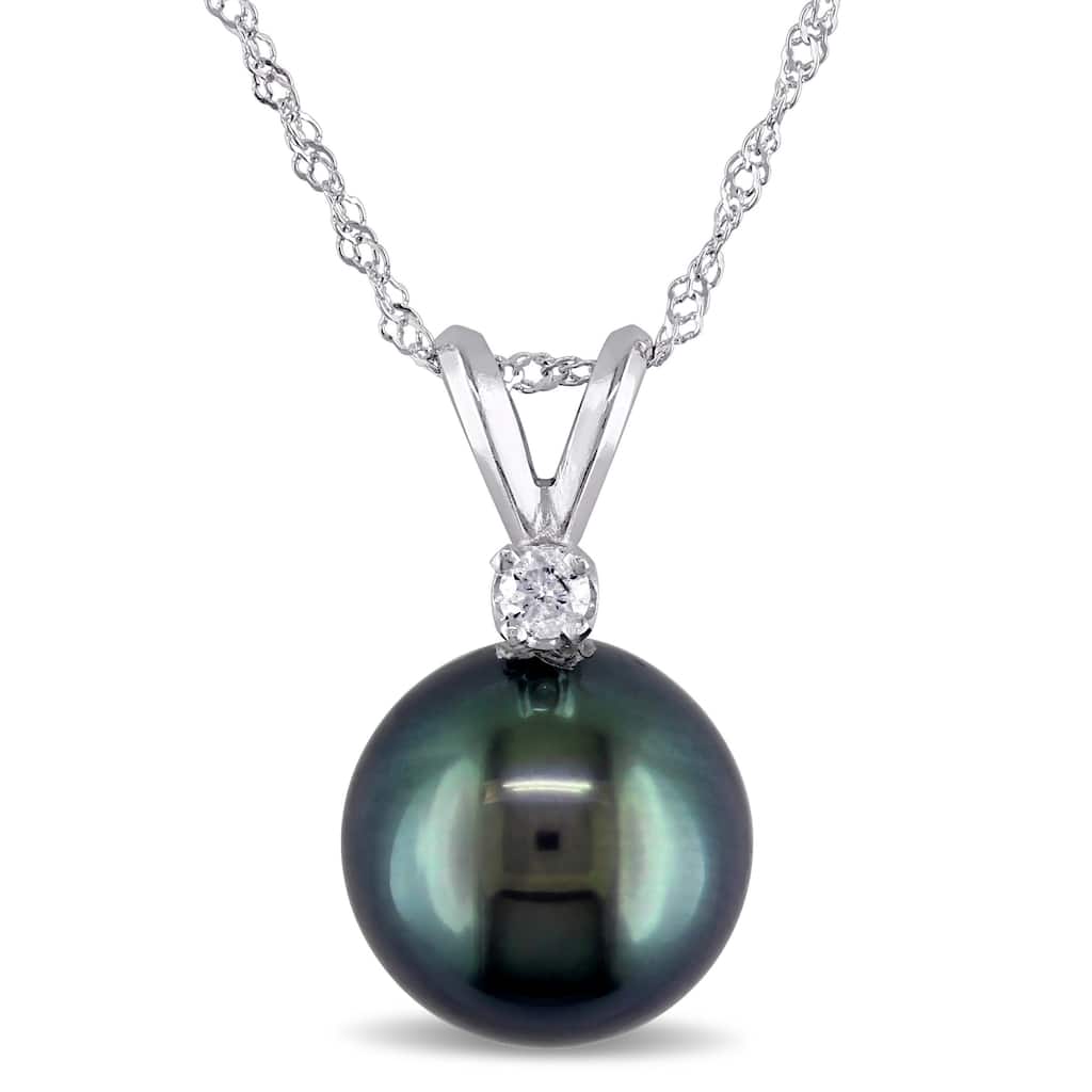 Miadora 89mm Black Tahitian Cultured Pearl and Diamond Pendant with Chain in 14k White Gold - 17 in x 17 mm x 9 mm