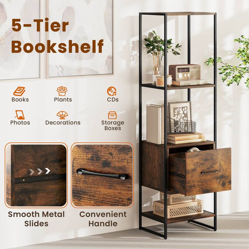 Costway 5-Tier Bookshelf with 4 Open Shelves Storage Drawer Modern - See Details