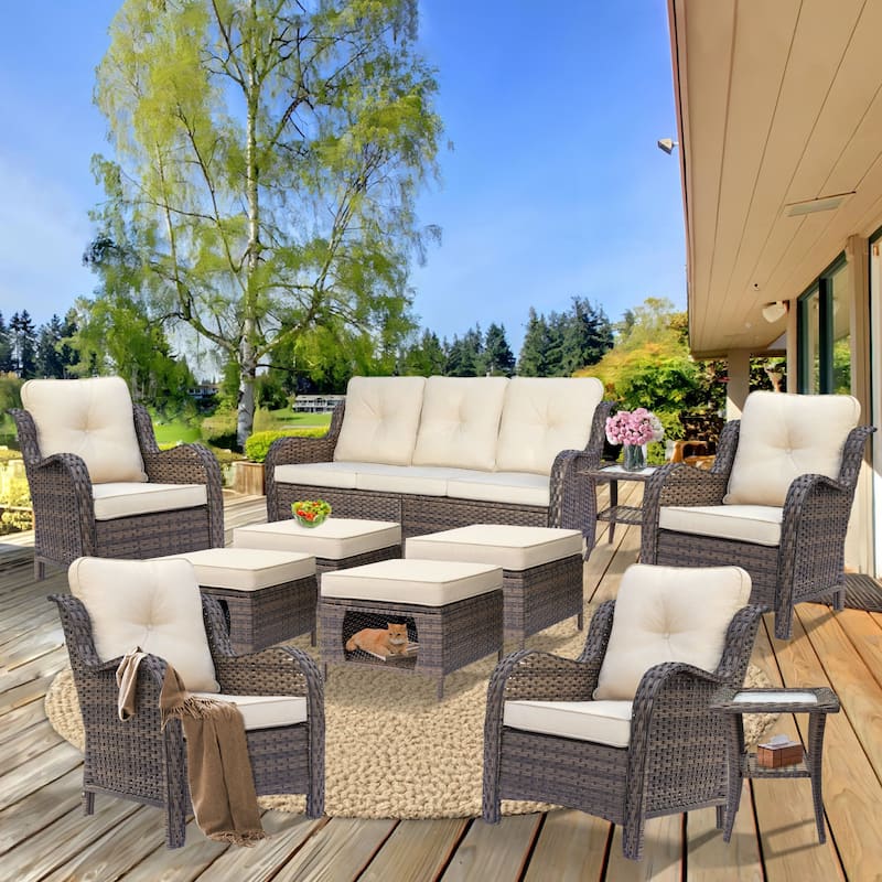 Brown Wicker Outdoor Patio Conversation Seating Sets with Beige Cushions - 11 Seats - Beige