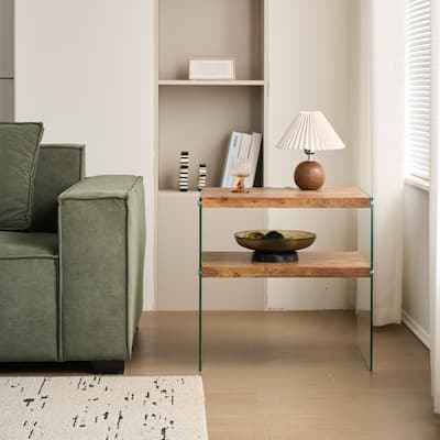 Space-Saving MDF Accent Table - Walnut Veneer & Tempered Glass Top‌