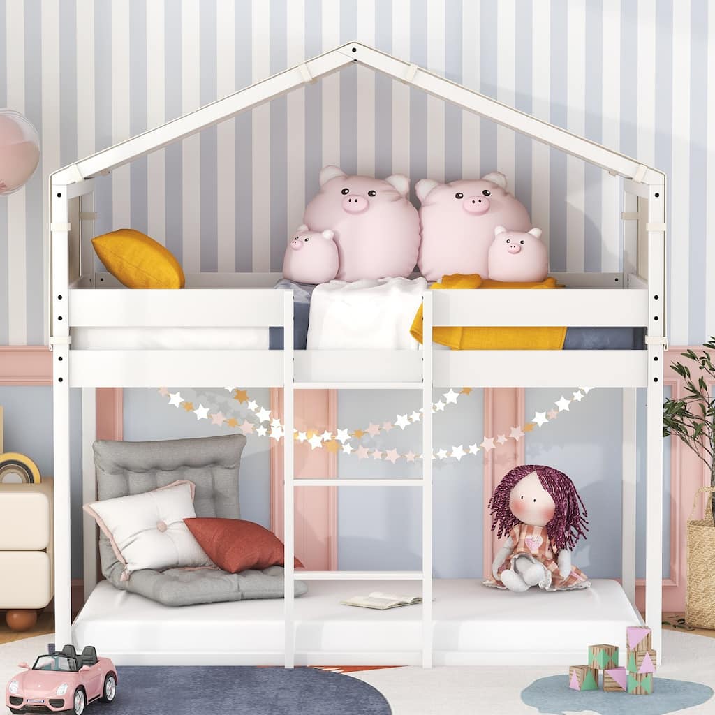 Fairytale House Bed Twin Over Twin Bunk Bed Wood Platform Bed Frame with Ladder Apex Roof Tent for Boys Girls, House-Shaped Bed