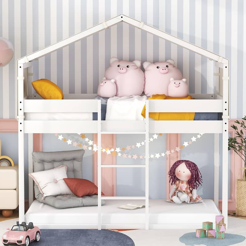 Twin Over Twin House Bunk Bed with Tent, Wooden Floor BunkBed Frame ...