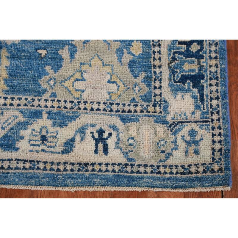 Hand Knotted Oriental 100% Wool Carpet Transitional All-Over Navy Blue & Blues Oushak Runner Rug - 16' 7'' X 2' 7''